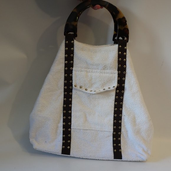 Womens Shay Todd White Brown Gold Studded Terry Cloth Tote Shoulder Handbag * - Picture 1 of 12
